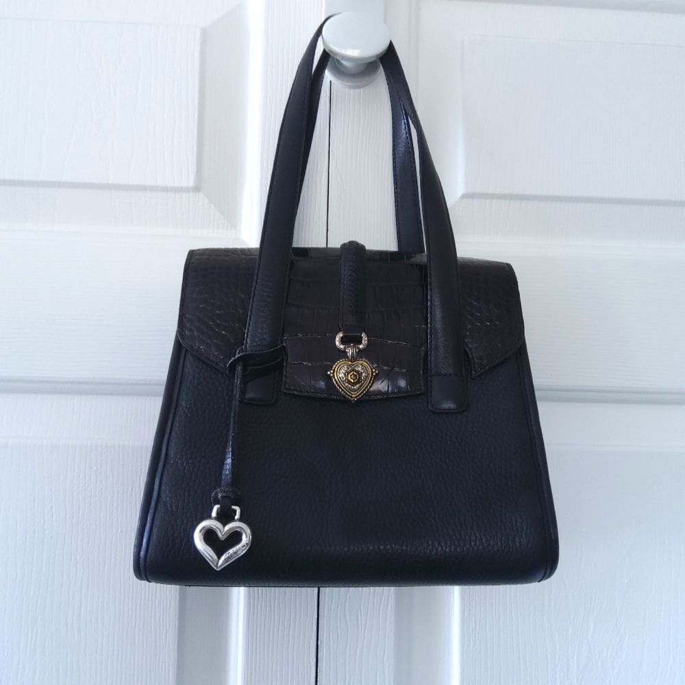 Brighton Abbey Black Leather Croc Embossed Top Handles Satchel
